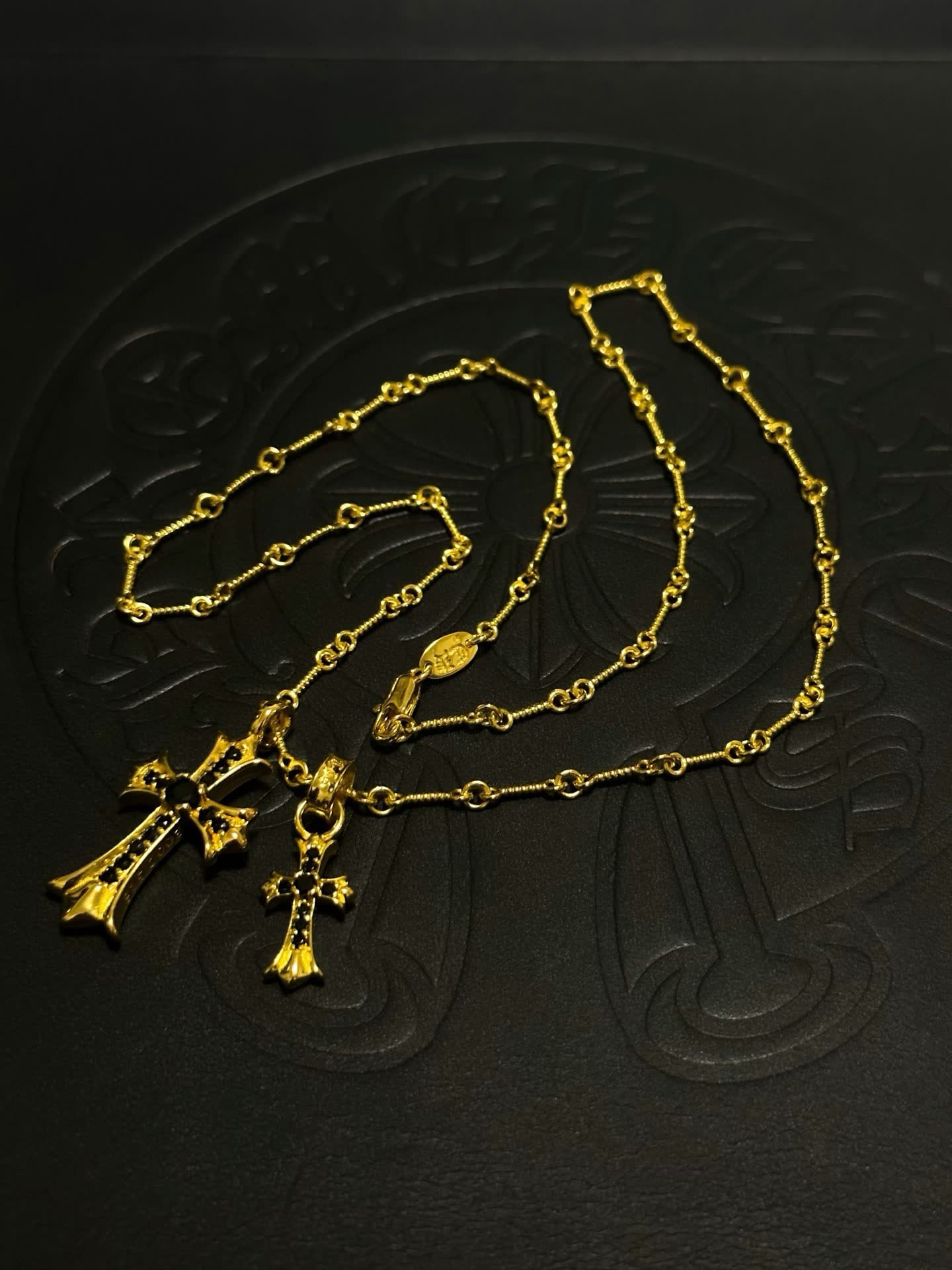 Chrome Hearts Gold Cross Pendant Necklace with Black Stones